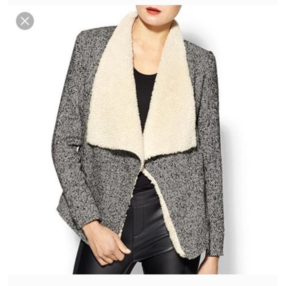 Tulle Womens Herringbone Tweed Drape Front Jacket Faux Sherpa Collar Medium